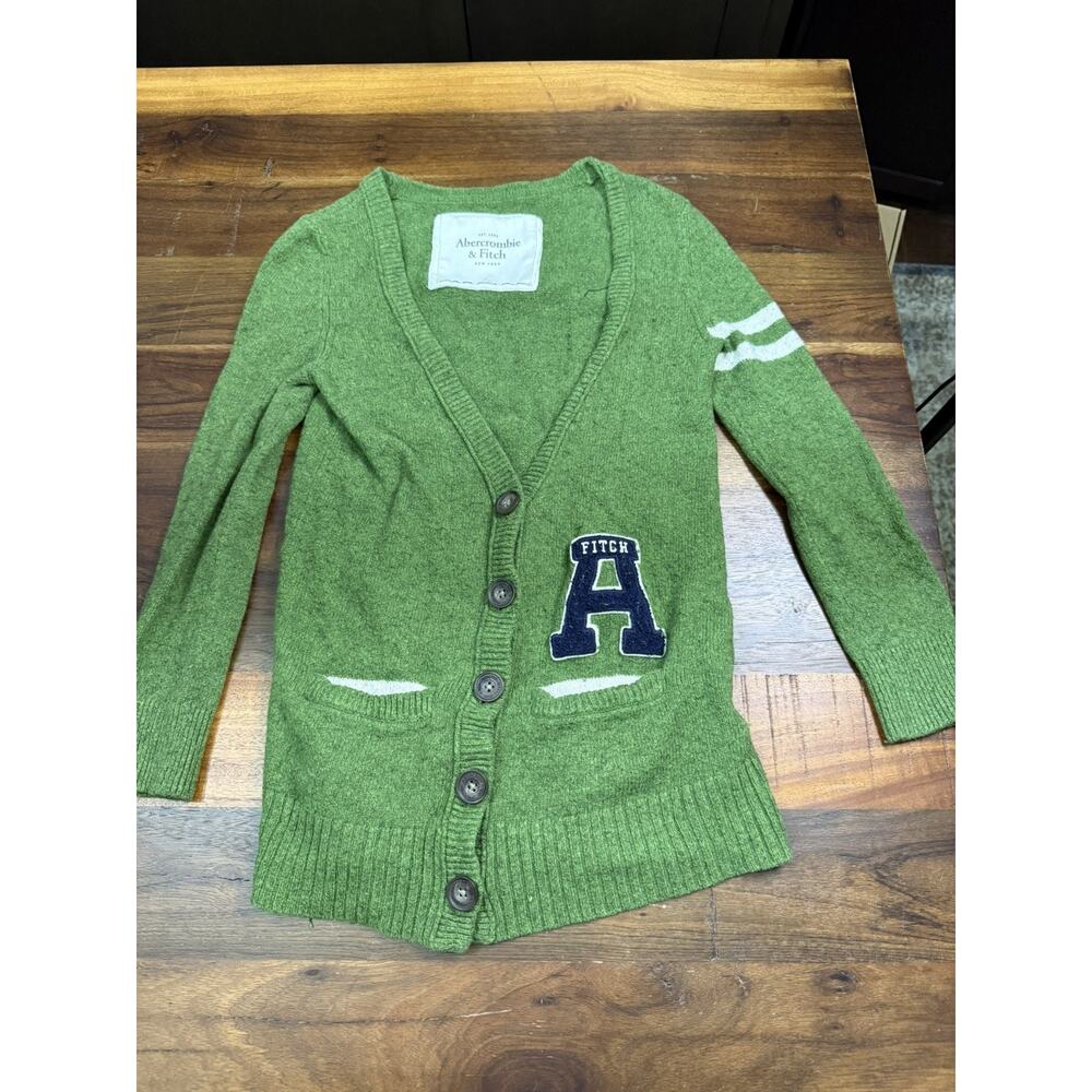 Y2K ABERCROMBIE & FITCH GREEN TAN VARSITY CARDIGAN SWEATER SZ XS LETTERMAN